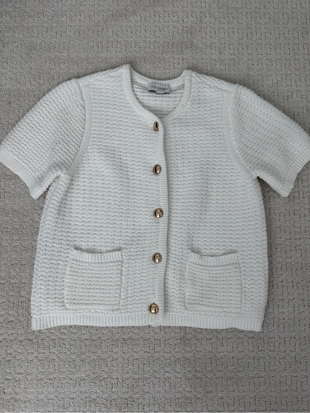Free Assembly Short-Sleeve Knit Cardigan - White with gold buttons